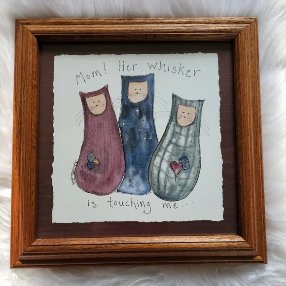 Annette Fish wooden framed print 3 cats "Mom! her whisker is touching me" - Picture 1 of 11